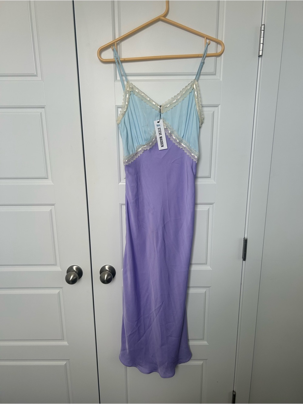 Steve Madden Two-Tone Light Blue and Lilac Slip Maxi Dress with Lace Trim NWT